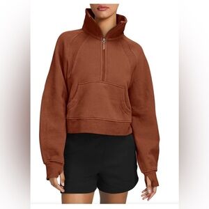 LasLuLu Women's Sweatshirt Collar Pullover 1/2 Zipper Crop Top - Small Carmel